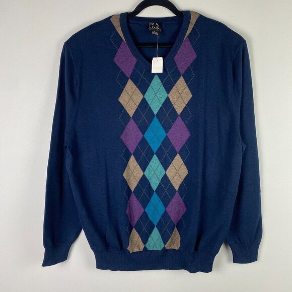 Jos A Bank Cotton Sweater Mens XL Navy Blue Argyle V Neck Pullover Knit - Picture 1 of 9